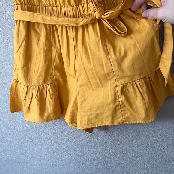 American Eagle Mustard Yellow Ruffle Sleeve Shorts Open Back Summer Romper Small - Picture 3 of 8